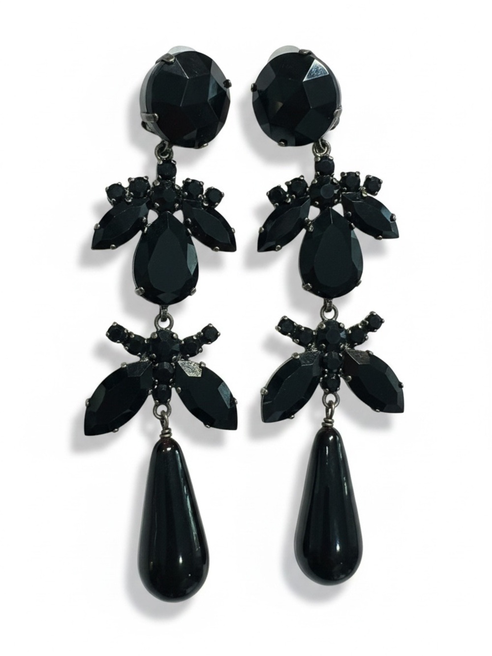 Vintage Lanvin Paris Black Crystal Chandelier Clip Earrings Statement Runway
